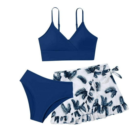 Staki Bathing Suits for Teen Girls Girls 3 Piece Swimsuits Bathing Suit Cute Ruffle Floral Print Bikini Set with Skirt Kids Swimwear 9Y,10-12Y,13Y,14-16Y,17Y(Dark Green,11Y)