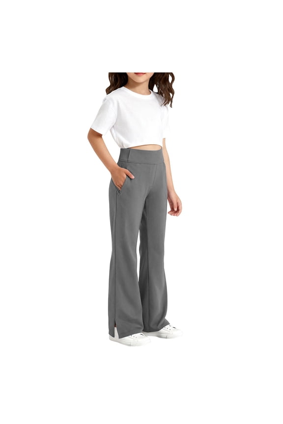 Bell Bottom Leggings Girls' Leggings with Pockets, Ankle Length Athletic Yoga Pants for Kids Clothes 6-10Y 11-15Y(Gray,8-9 Years)