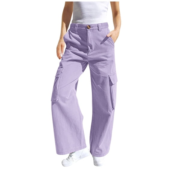 Staki Black Pants Girls Cargo Pants for Women High Waisted Casual Pants Baggy Stretchy Wide Leg Streetwear with Pockets(Purple,4-5 Years)