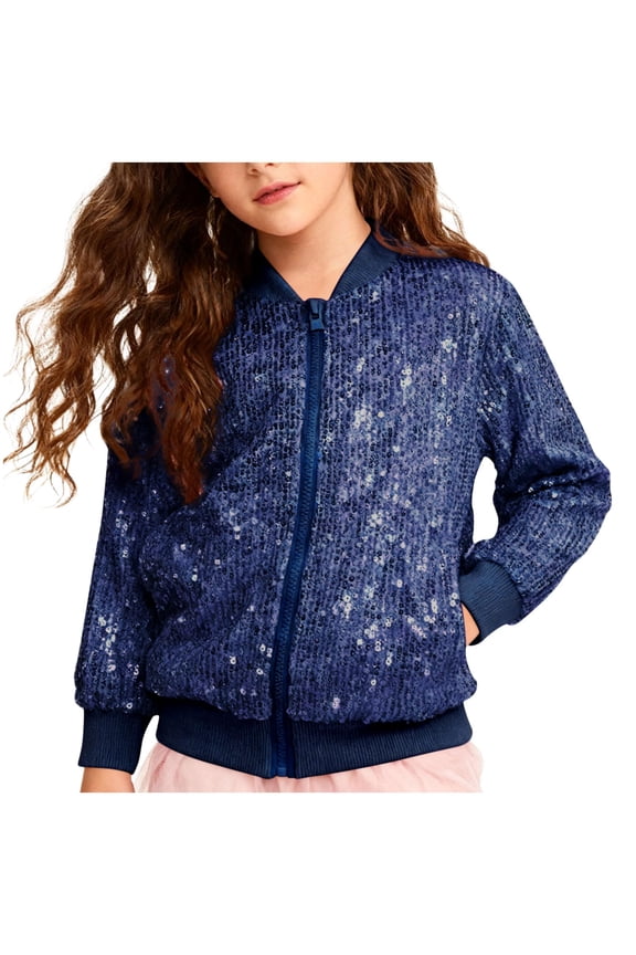 Bomber Jacket Girls Girls Sequin Jacket Kids Bomber Zip Outwear Sparkle Fall Top Cardigan Coat(Blue,6-7 Years)