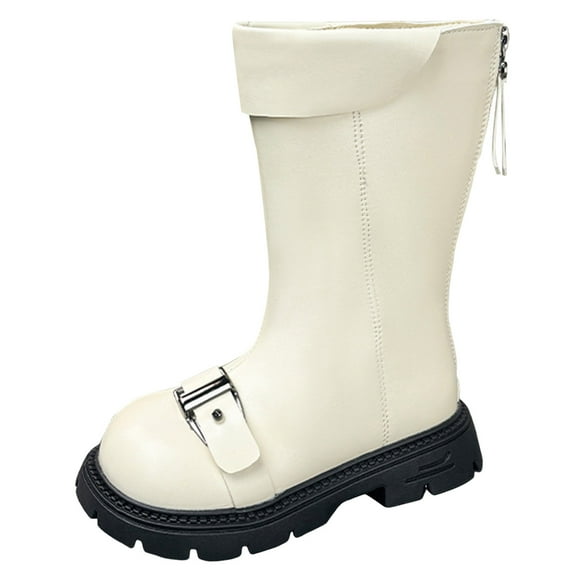 Staki Booties for Girls Girls Leather Lace-Up Waterproof Side Zipper Mid Calf Combat Riding Winter Boots(White,13.5 Little Kid)