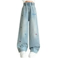 thumbnail image 1 of Staki Bow Jeans Baggy Jeans for Girls Wide Leg Ripped High Elastic Waisted Denim Pants Cute Summer Trousers Streetwear(Blue,6-7 Years), 1 of 7