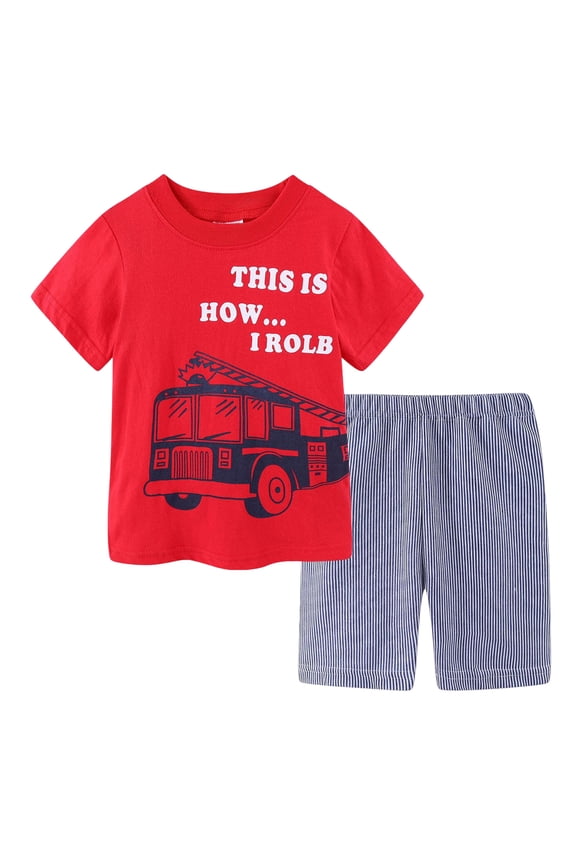 Boy Summer Clothes Boys' Shorts Set - 2 Piece Short Sleeve Crew Neck T-Shirt and Mesh Shorts Set for Boys 2-8Y(Red,4-5 Years)