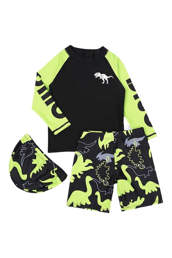 Boy Swim Set Boys 3 Piece Rash Guard Swimsuits Kids Short Sleeve Swimwear Sets Bathing Suit with Sun Hat for Boys 2-9Y 10-16Y(Green,9-10 Years)