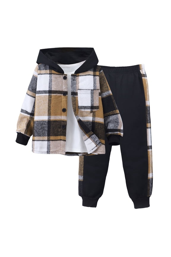 Boys 2PC Pants Set Plaid Flannel Hoodies Sweatshirt Button Down Jacket and Cargo Sweatpants Sets Sweatsuit 3-7 Years,3 Years