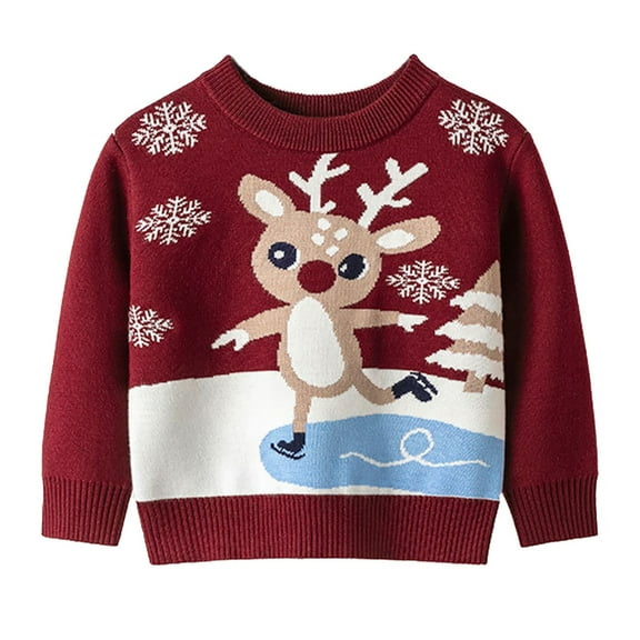 Staki Boys Christmas Sweater Boys Cartoon Christmas Sweater Casual Crewneck Winter Long Sleeve Pullover Tops(Wine ,5-6 Years )