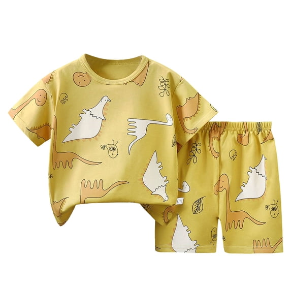 Staki Boys Clothes 2-Piece Summer Outfit Print T-Shirt & Elastic Waist Shorts for Kids Clothing Set 3T 4T 5T Yellow,5-6 Years