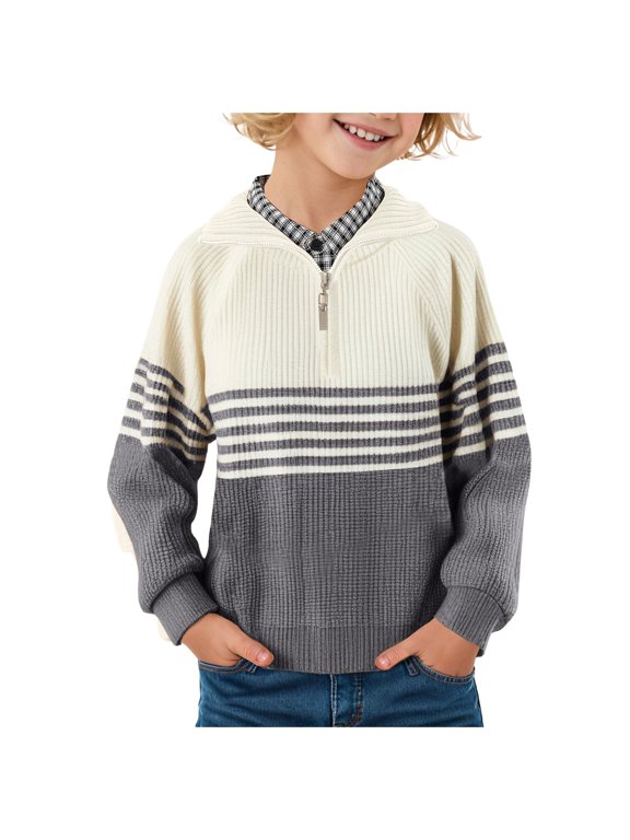 Boys Long Sleeve Kids' Quarter Length Zipper Collar Pullover Sweater Boys' Long Sleeve Cotton Knit Top(Gray,10-11 Years)