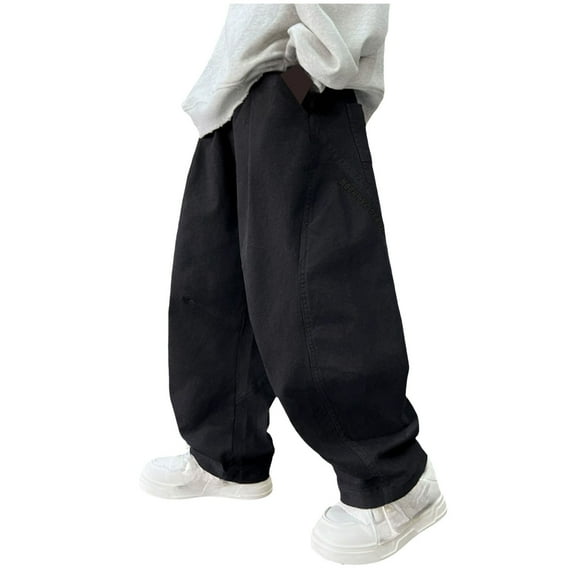 Staki Boys Pants Boys' Elastic Waist Cargo Pant Camouflage Cotton Casual Multi-Pockets Pull-On Pants(Black,6-7 Years)