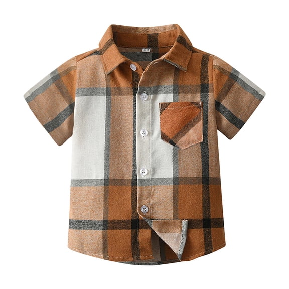 Staki Boys Plaid Shirt Short Sleeve Button Down Flannel Shirts Toddler Flannel Shirt(Brown,6-12 Months)
