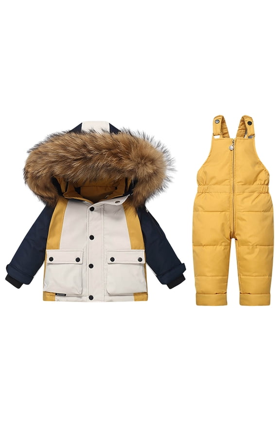 Boys Snow Bibs Boys Snowsuit Set - 2 Piece Polar Fleece Lined Weather Resistant Insulated Ski Jacket & Snow Bibs Overalls for Boys 6M,12M,18M,24M,3-4Y(Yellow,6-12 Months)
