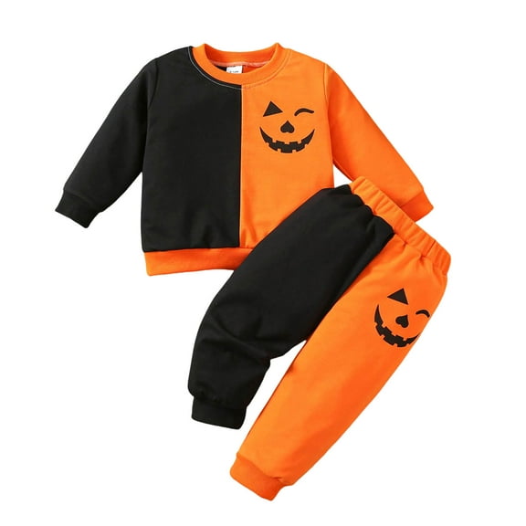 Staki Boys Thanksgiving Outfit Toddler Boy Girl Halloween Outfit Embroidery Crewneck Sweatshirt Pants Set Baby Fall Winter oversize Clothes(Orange,9-12 Months)