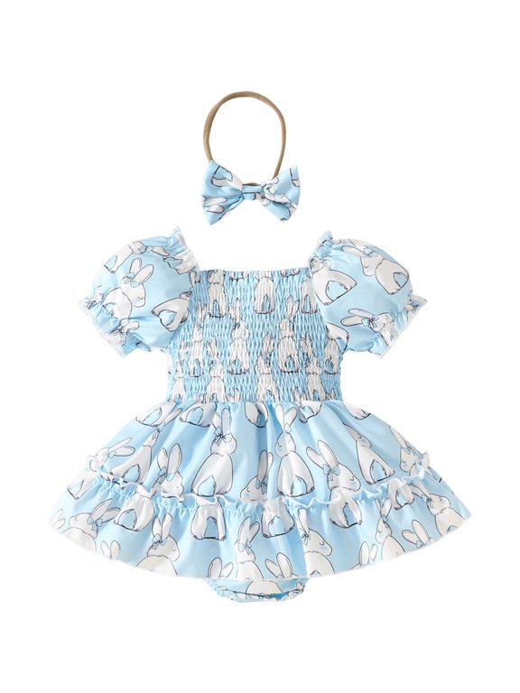 Baby Girl Easter Outfit Newborn Bow Eggs Embroidery Smocked Bubble Romper Easter Onesie Infant Cute Summer Clothes Baby Girl Smocked Outfits 0-18M(Sky Blue,6-9 Months)