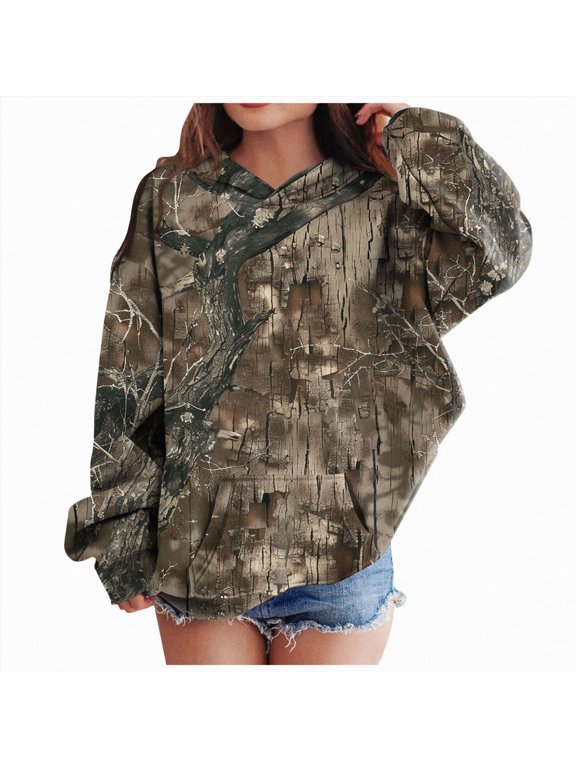 Camo Hoodie For Women Oversized Long Sleeve Drop Shoulder Fleece Hooded Sweatshirt Pullover With Pocket Outfits 2-12Y(Dark Gray,3-4 Years)
