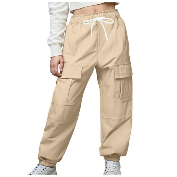 Staki Cargo Pants for Kids Girls Cargo Pants Wide Leg Streetwear Kids Pants with Pockets Trendy Jogger Trousers(Khaki,7-8 Years)