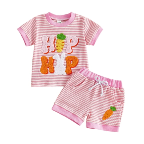 Staki Carrot Costume Infant Toddler Baby Girl Easter Outfit Carrots Embroidery Ruffle Short Sleeve T-Shirt Top and Plaid Shorts Set 0-24M 2-3Y(Pink,12-18 Months)