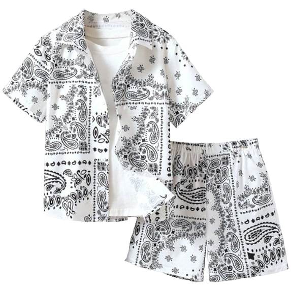 Staki Children's Beach Shirt Set Boys 2 Pieces Summer Beach Outfits Short Sleeve Button Down Shirts and Shorts Vacation Texture Sets for Kids 6Y 7Y 8Y,White 9-10 Years