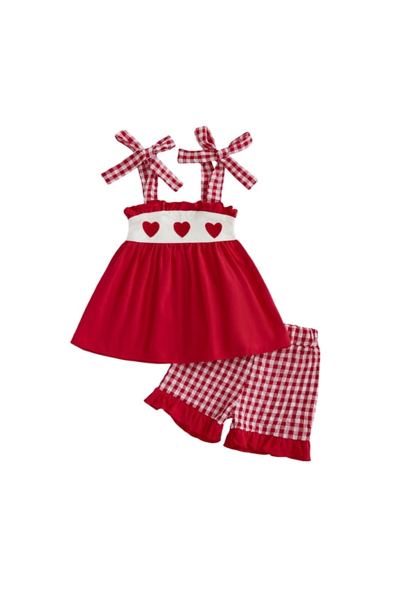 Children's Spring and Summer Shorts Toddler Girl Clothes Baby Valentine's Day 2pcs Set Bow T Shirt Holiday Cute Outfit 12-24M 2-5Y(Red,2-3 Years)