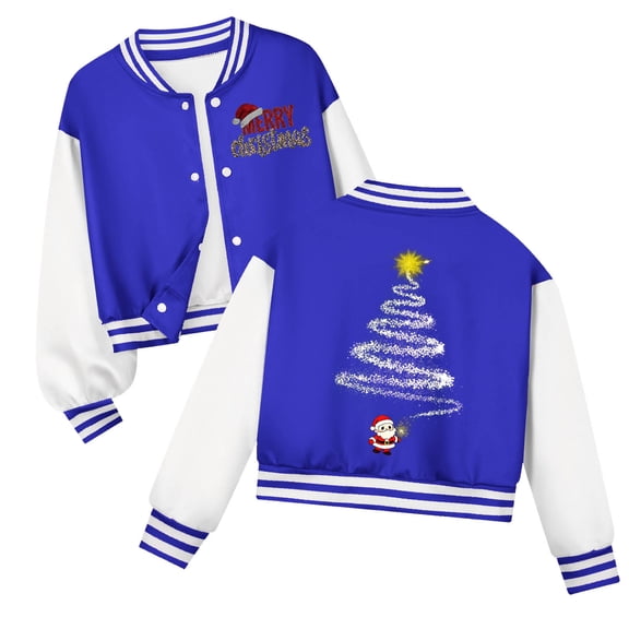 Staki Christmas Baseball Jacket Kids Girl's Christmas Jacket Button Down Long Sleeve Preppy Outerwear(Blue,13-14 Years)