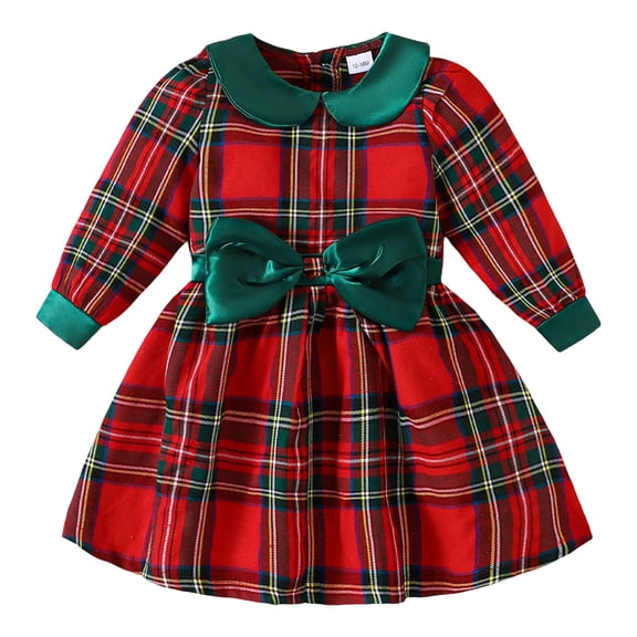 Staki Christmas Dresses Girls Christmas Party Long Sleeve Pleated Dress(Red,12-18 Months)