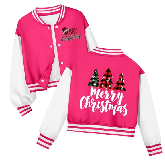 Staki Christmas Long Cardigan Jacket Kid Girl's Jacket Christmas Print Long Sleeve Baseball Bomber Jacket Coat(Hot Pink,13-14 Years)