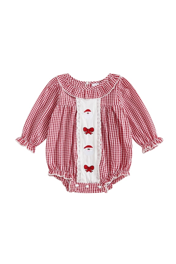 Christmas Romper Baby Girl Newborn Baby Girl Christmas Smocked Romper Santa Plaid Jumpsuit Puff Long Sleeve Playsuit Infant Fall Xmas Outfit(Red,6-12 Months)