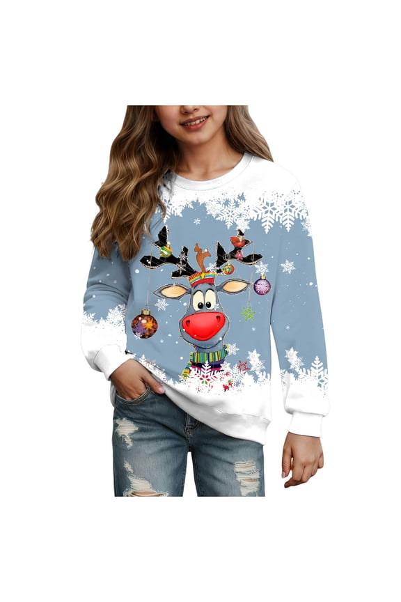 Christmas Tree Sweatshirt Girl Kids Girls Christmas Sweatshirt Holly Xmas Jolly Long Sleeve Outfits Shirt Xmas Tree Holiday Crewneck Pullover Tops(Sky Blue,3-4 Years)