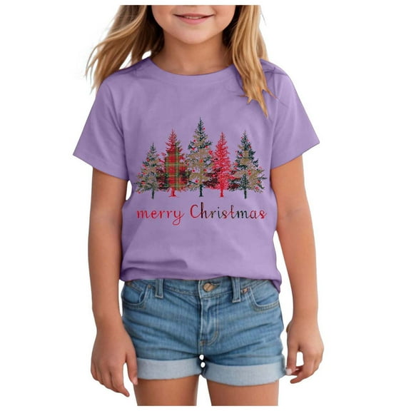 Staki Christmas Tshirt Girls Kids Christmas Shirts Cute Print Short Sleeve Holiday Funny Christmas Tops(Purple,18-24 Months)