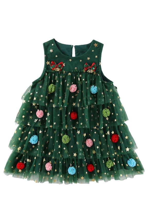 Christmas Tutu Girls Toddler Girl Christmas Outfit Sleeveless Gingerbread Print Tulle Tutu A-Line Party Dresses for Girls(Green,3-4 Years)