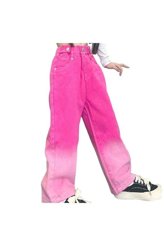 Clothes for Girl Girl's Graphic Baggy Jeans Ripped Straight Leg Denim Pants with Pockets(Red,5-6 Years)