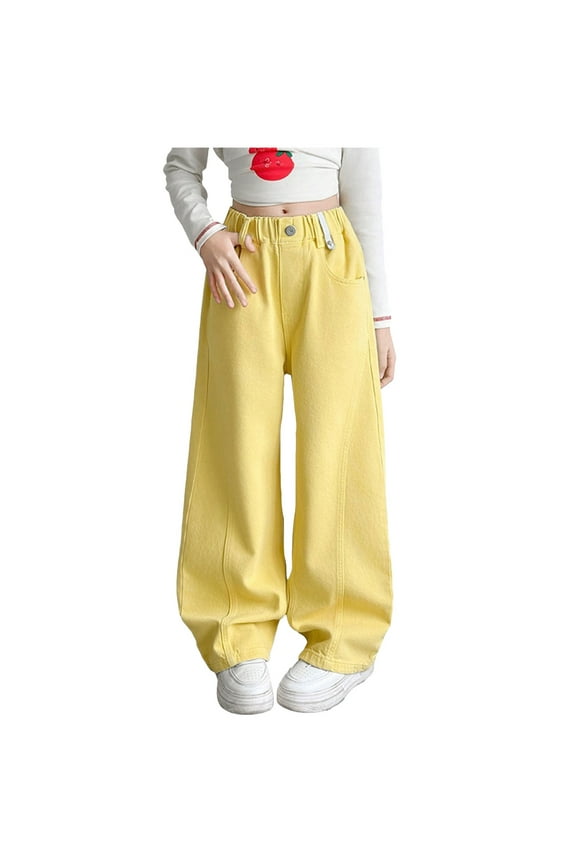 Clothes for Teen Girls Girl's Graphic Baggy Jeans Ripped Straight Leg Denim Pants with Pockets(Yellow,11-12 Years)