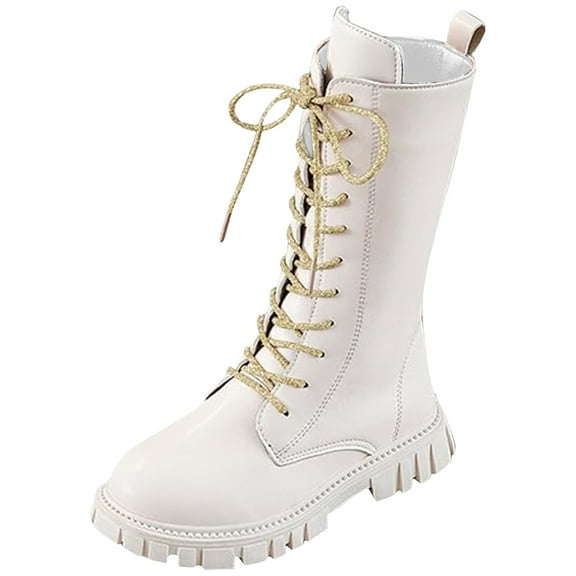 Staki Combat Boots Kids Girl's Waterproof Leather Side Zipper Mid Calf Combat Boots Outdoor Riding Boots Winter Snow Boots(White,3 Big Kid)