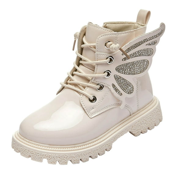 Staki Combat Boots Kids Girls Ankle Boots Kids Lace-up Glittery Combat Work Boot(Beige,13.5 Little Kid)