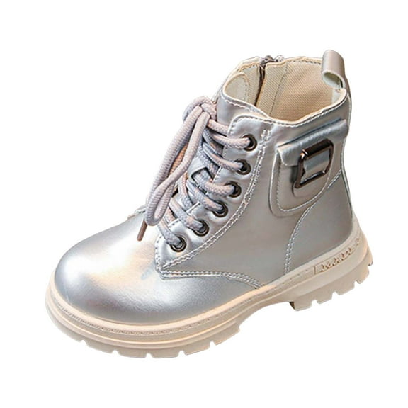 Staki Combat Boots Kids Girls' Boots Children's Boots Outdoor Boots Girls' Plush Short Boots(Silver,13.5 Little Kid)