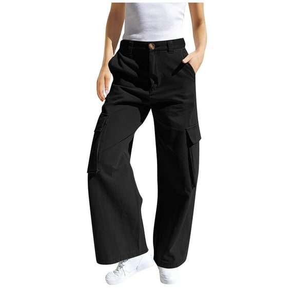 Staki Cotton Cargo Pants Girl Girls Cargo Pants Elastic Waist Baggy Joggers Sweatpants Loose Casual Trousers with Pockets for Girl(Black,8-9 Years)