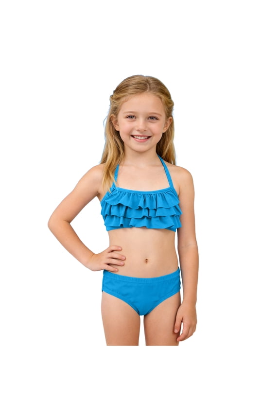 Cute Bathing Suits for Girls Girls' 2 Piece Solid Knot Front Ruched Triangle Bikini Swimsuit 3-9Y 10-12Y(Sky Blue,5-6 Years)
