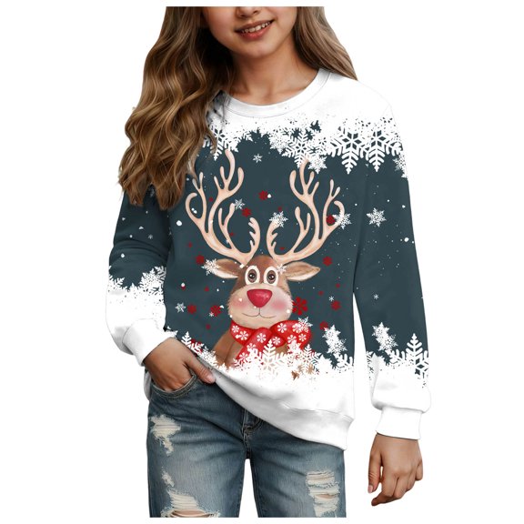 Staki Cute Christmas Kids Clothes Girls Christmas Sweatshirt Kids Merry Christmas Shirt Cute Xmas Doodle Graphic Crewneck Pullover Top 1T 2T 3T 4T 5T 6-10Y,11-14Y(Dark Blue,11-12 Years)