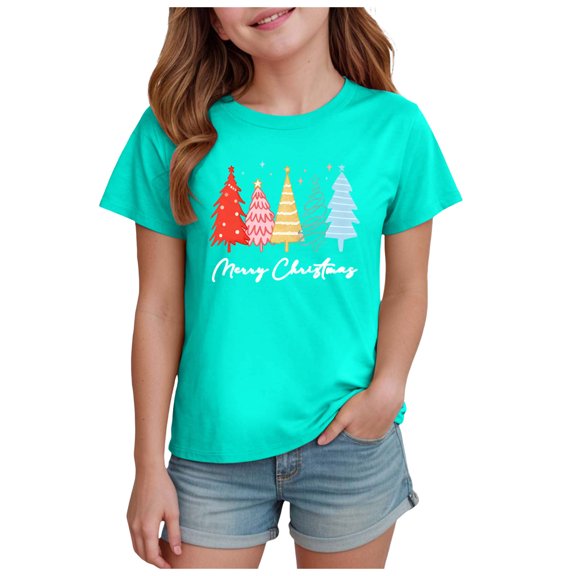 Staki Cute Christmas Shirts for Girl Christmas Shirts Xmas Graphic Tshirts Funny Holiday Gift Tees(Mint Green,7-8 Years)