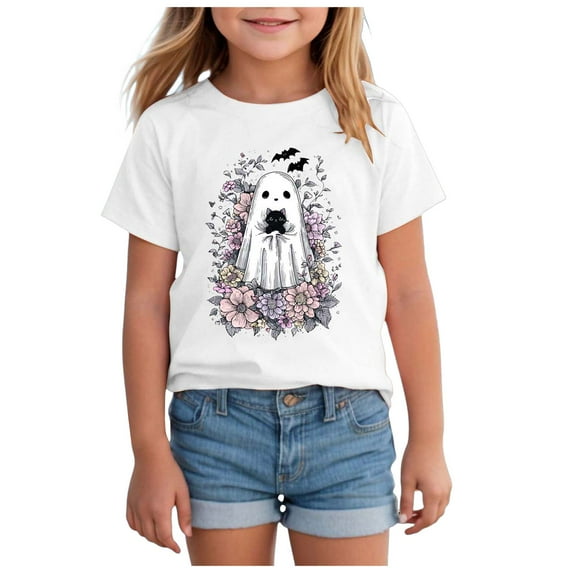Staki Cute Toddler Girl Halloween Shirt Toddler Girls Halloween Shirt Cute Tshirt Kids Outfits Short Sleeve Tees Tops(White,11-12 Years)