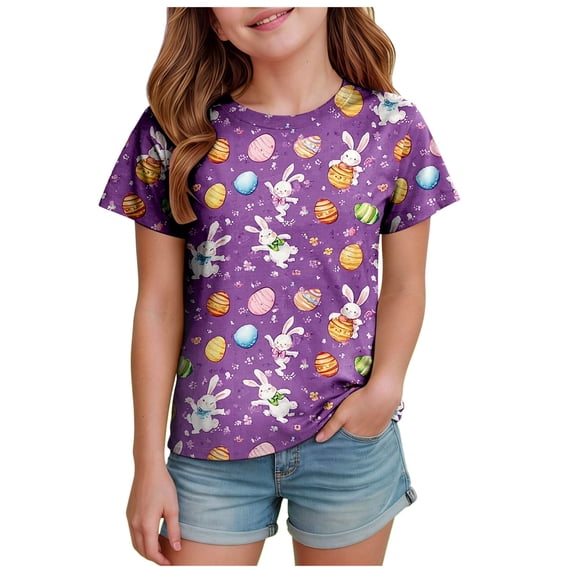 Staki Easter Outfit Toddler Girl Girls Easter Shirts Bunny Tshirt Short Sleeve Cotton Tee Funny Rabbit Graphic Tshirts 1-9Y 10-13Y(Purple,4-5 Years)