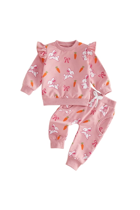 Easter Outfits for Toddler Girls Toddler Baby Girl Easter Outfit Print Ruffle Sweatshirt Long Pants Set 0-24M 2-3Y(Red,18-24 Months)