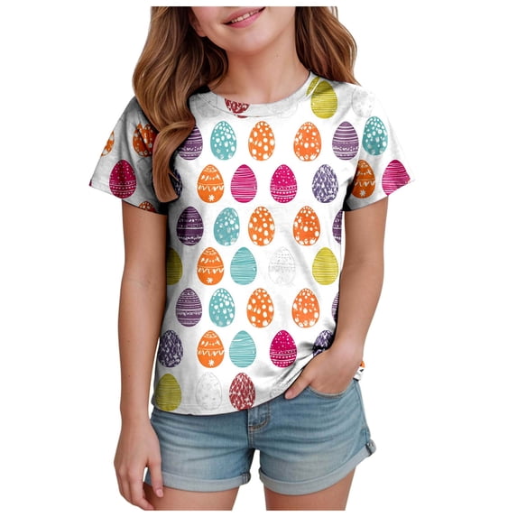 Staki Easter Shirts for Girls Easter Toddler Girls T-Shirts Bunny Short Sleeve Shirts Kids T Shirts Cotton Girls Summer Tops T-Shirts 1-9Y 10-13Y(White,4-5 Years)