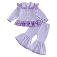 thumbnail image 1 of Staki Fall Baby Girl Clothes Long Sleeve Ruffle Tops Bell Bottoms Pants Set Toddler Waffle Knit Striped Flared Outfit(Purple,2-3 Years), 1 of 5