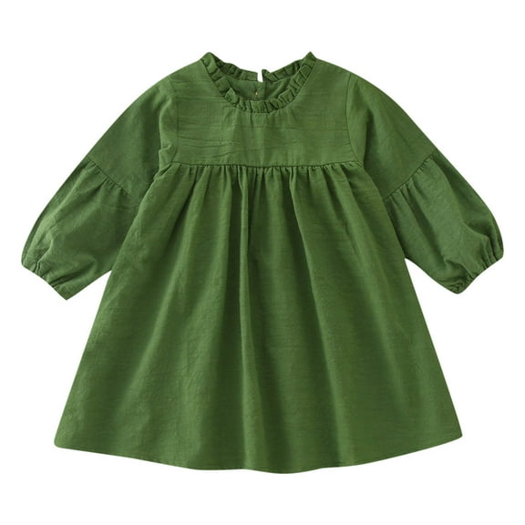 Staki Fall Toddler Dress Toddler Girl Cotton Linen Dress Long Sleeve Ruffle Fall Dress Kids Dresses Casual Clothes(Green,12-18 Months)