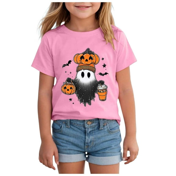 Staki Fall Tshirts for Kids Girls Cute Halloween Girls T-Shirt for Fall(Pink,7-8 Years)
