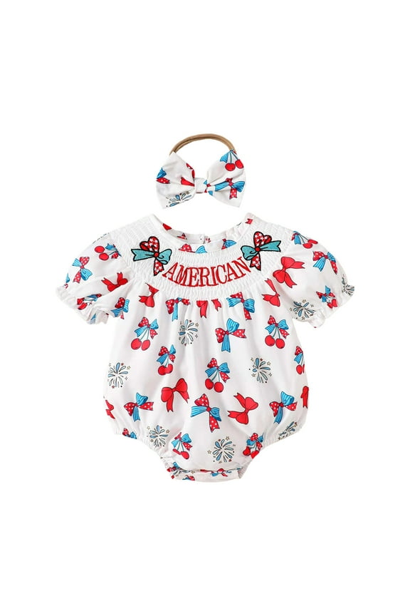 My First Fourth of July Baby Girl Outfit 4th of July Toddler Baby Girl Outfits American Flag Smocked Bubble Romper July 4th Ruffle Sleeve Patriotic Clothes 0-18M(White,12-18 Months)