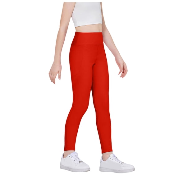 Staki Flare Leggings for Girls Girls' Leggings with Pockets, Ankle Length Athletic Yoga Pants for Kids Clothes 5-10Y(Red,9-10 Years)