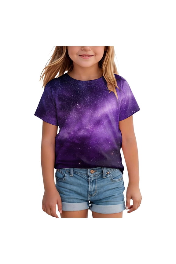 Galaxy Print Clothes for Toddler Girls Star Pattern Short Sleeve Casual T-Shirt Crewneck Tees 1-5T 6-10Y 11-13Y(Blue,8-9 Years)