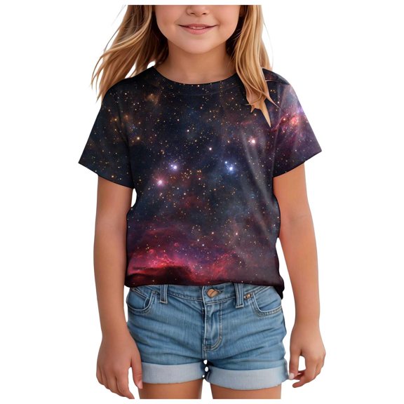 Staki Galaxy Print T Shirt for Toddler Girls 3D Graphic Shirts Cool Crewneck T-Shirt Girls Short Sleeve Top Tees 1-5T 6-10Y 11-13Y(Pink,8-9 Years)