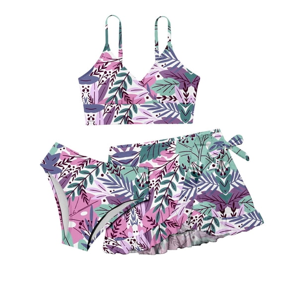 Staki Girl Bathing Suits Girls 3 Piece Swimsuits Bathing Suit Cute Ruffle Floral Print Bikini Set with Skirt Kids Swimwear 8-14Y(Red,10-11 Years)